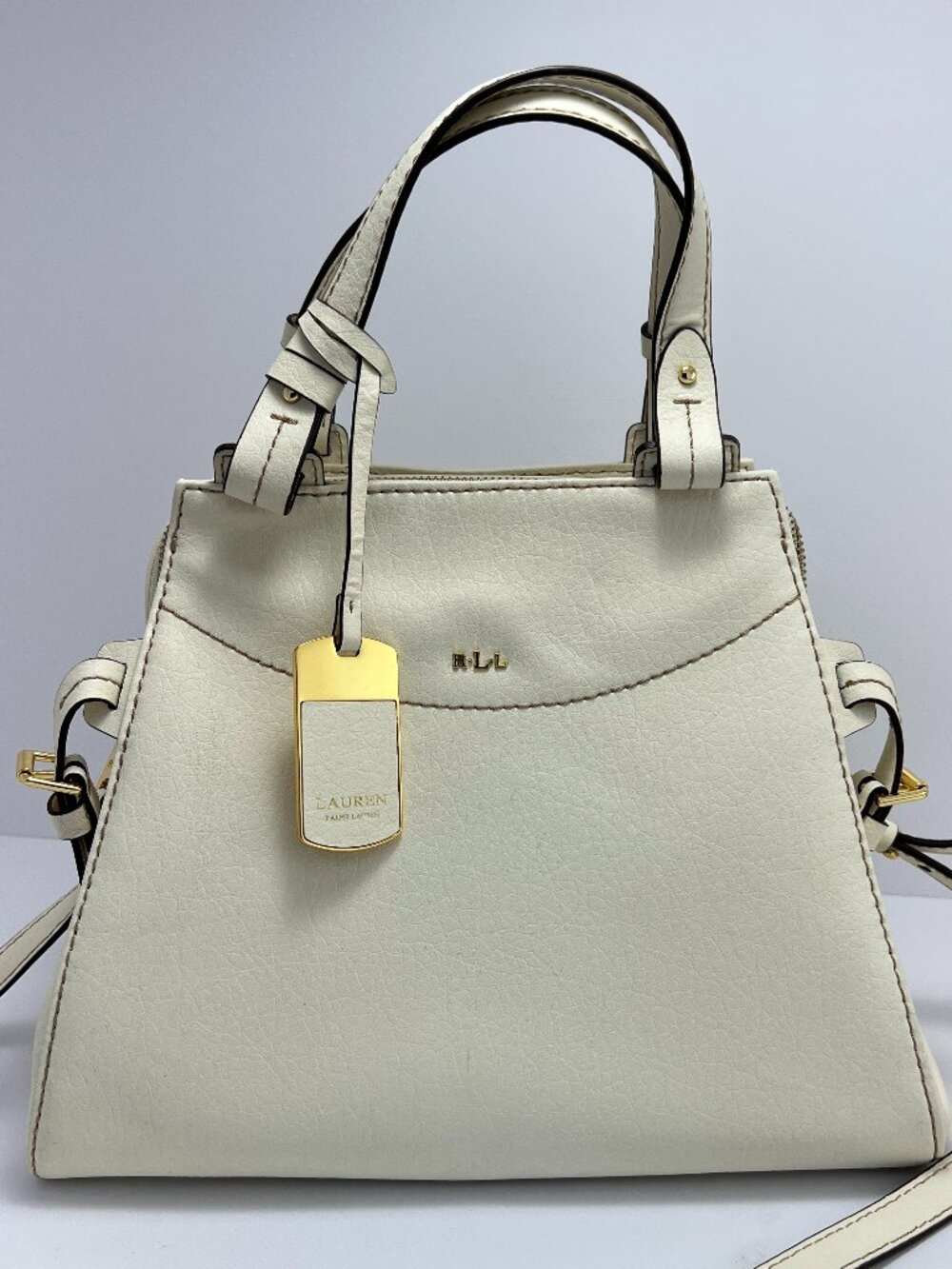 Lauren Ralph Lauren Cream Leather Satchel Bag Crossbody Top Handle Gold